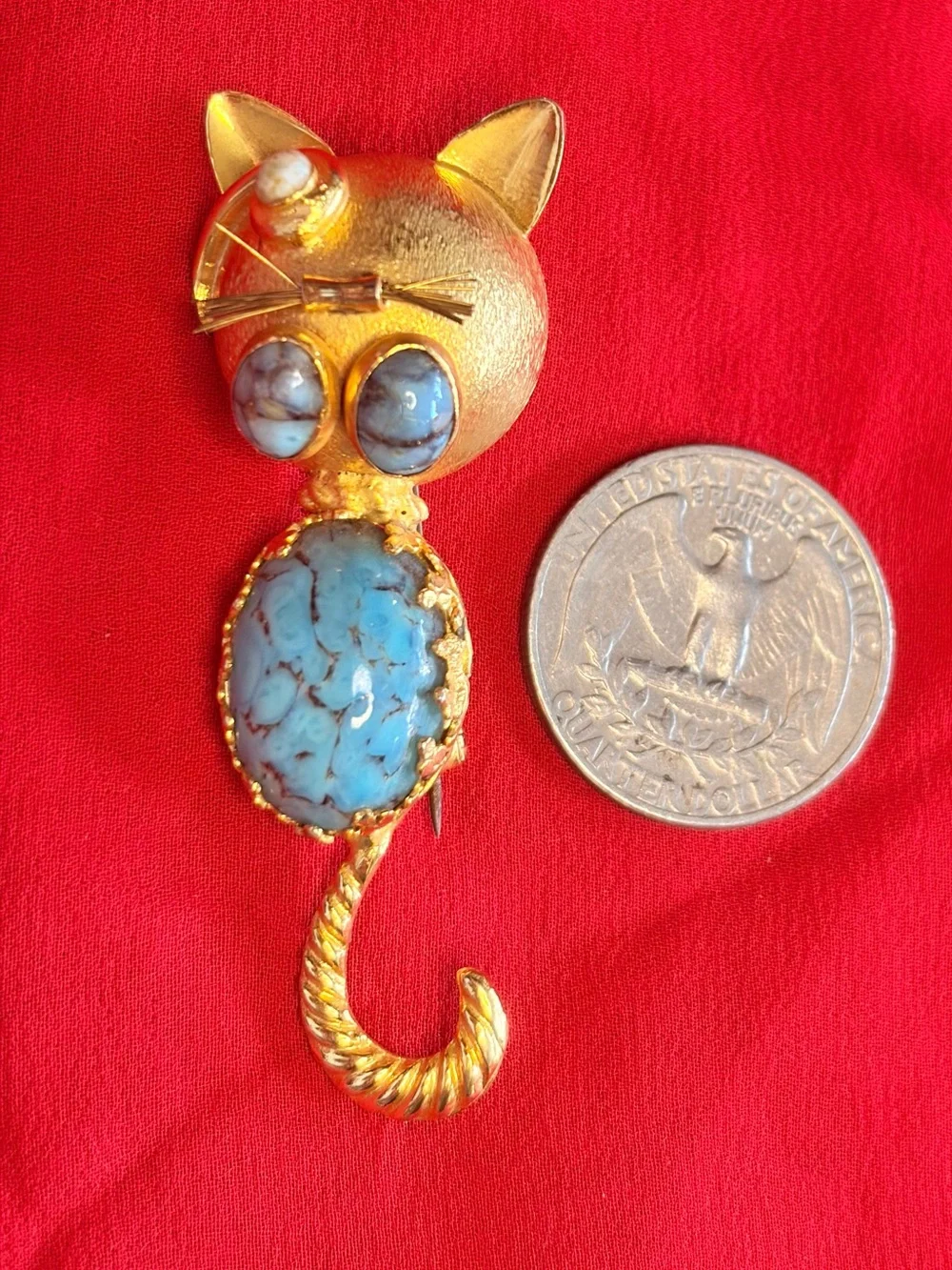 VTG Gold Tone Kitty Cat Jelly Belly Faux Turquoise Coral Pin Brooch Italy Rare